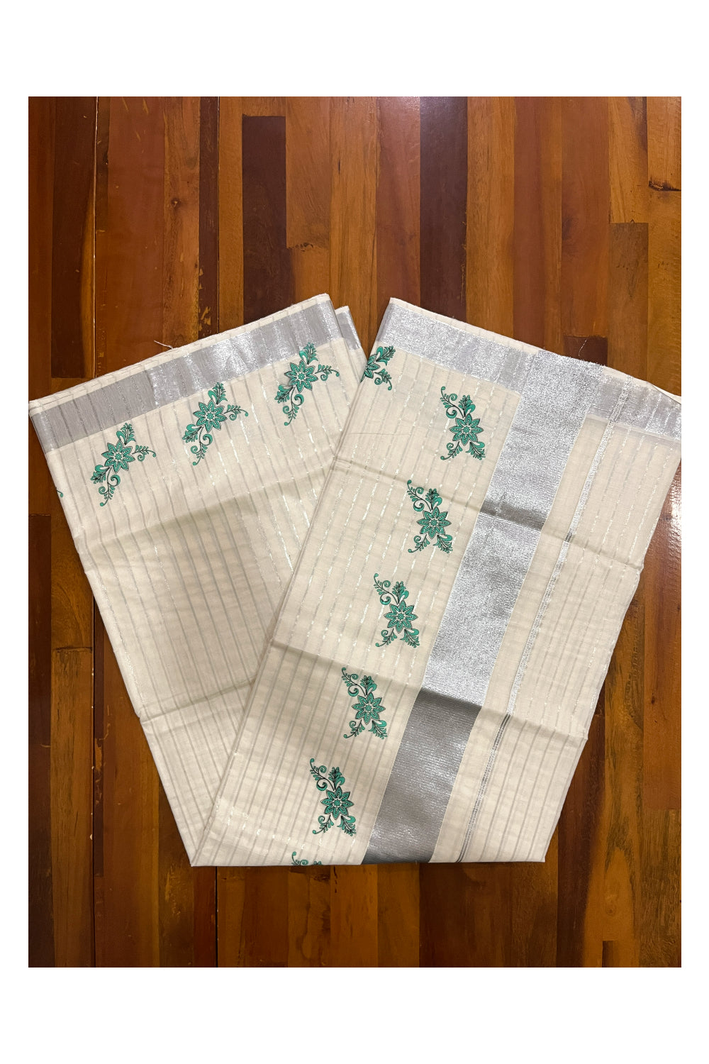 Pure Cotton Kerala Saree with Silver Lines and Green Floral Block Prints on Border