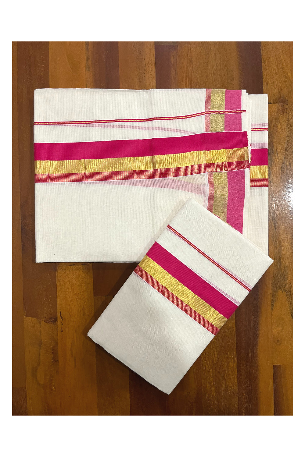 Pure Cotton Kerala Single Set Mundu (Mundum Neriyathum) with Bright Magenta and Kasavu Border 2.80 Mtrs (Onam Set Mundu 2023)