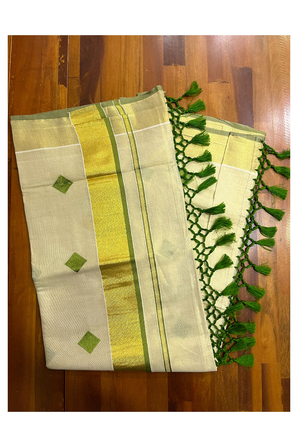 Kerala Tissue Kasavu Saree with Light Green Gold Woven Butta Designs and Tassels Works (Vishu 2024 Collection)