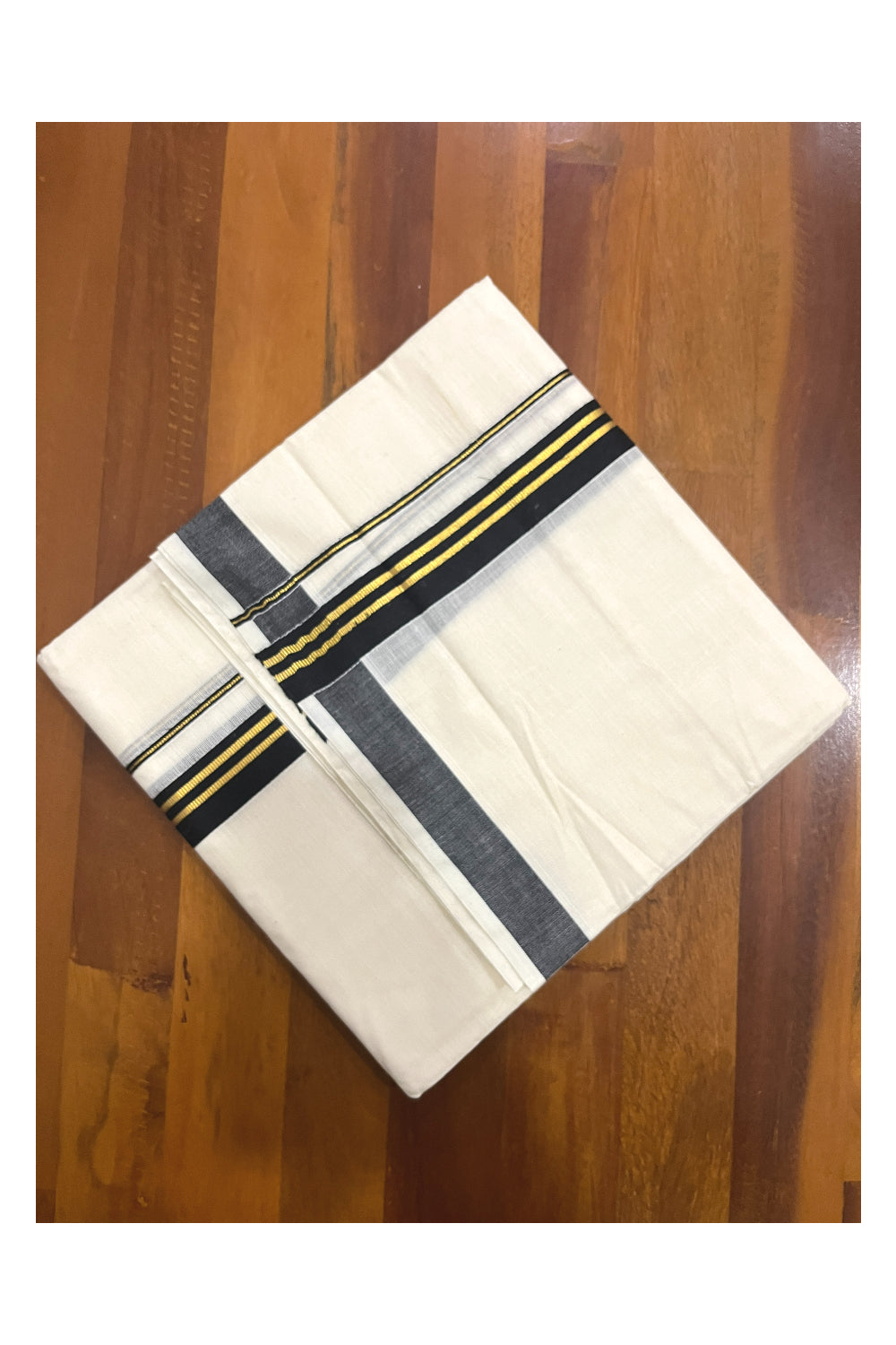 Off White Kerala Double Mundu with Black Kasavu Kara (South Indian Kerala Dhoti)