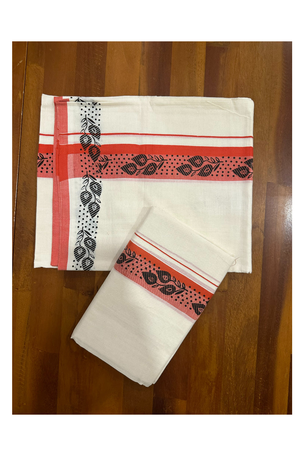 Kerala Cotton Set Mundu (Mundum Neriyathum) with Block Prints on Dark Orange Border (Onam Set Mundu 2023)