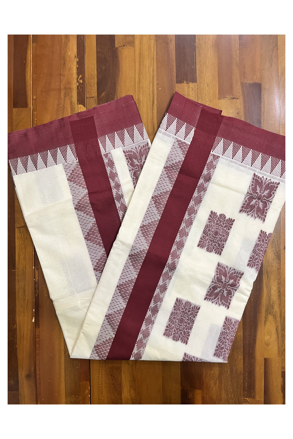 Pure Cotton Kerala Saree with Maroon Heavy Woven Designs and Temple Border (Vishu 2024 Collection)