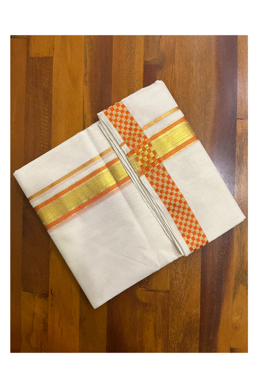 Premium Balaramapuram Handloom Unakkupaavu Cotton Double Mundu with Kasavu and Orange Paa Neythu Border (Onam 2024 Collection)