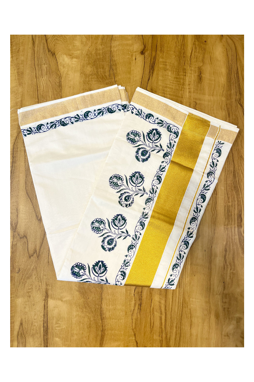 Southloom Cotton Kerala Kasavu Saree with Green and Violet Block Prints On Border