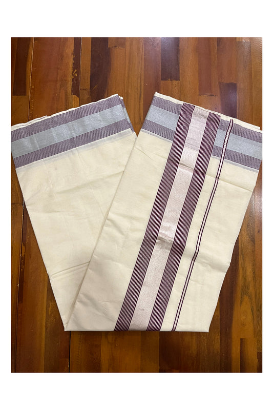 Pure Cotton Kerala Saree with Silver Kasavu and Purple Line Border (Onam Saree 2023)