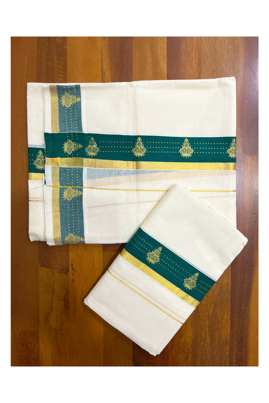 Kerala Pure Cotton Single Set Mundu (Mundum Neriyathum) with Block Prints on Green and Kasav Border