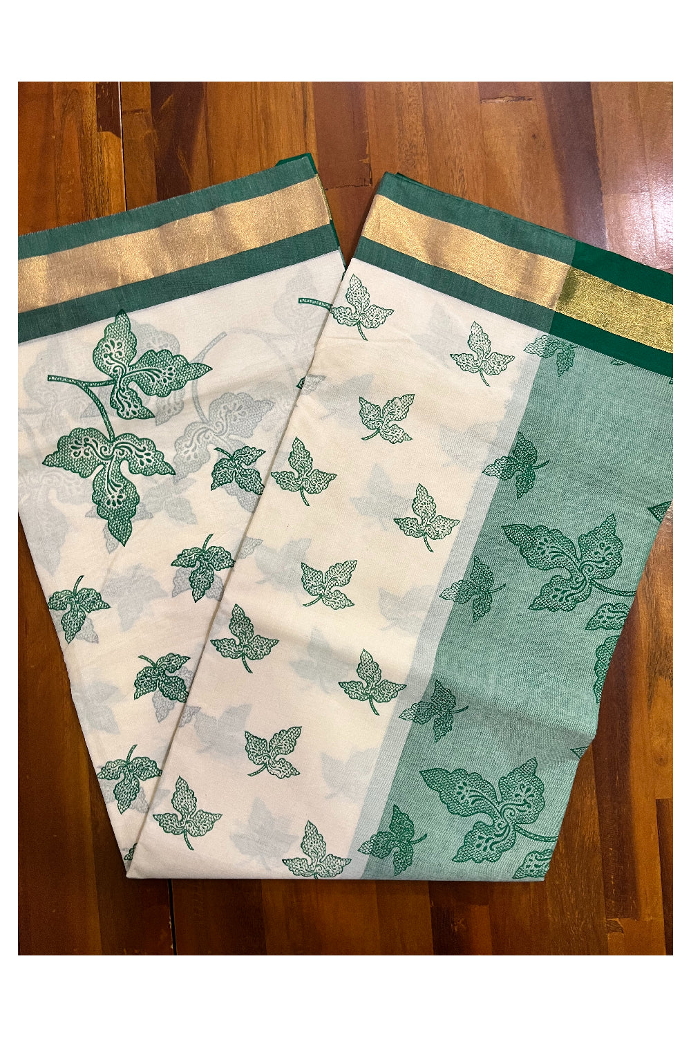Pure Cotton Kerala Saree with Green Block Print Leaf Designs and Kasavu Border (Vishu 2024 Collection)