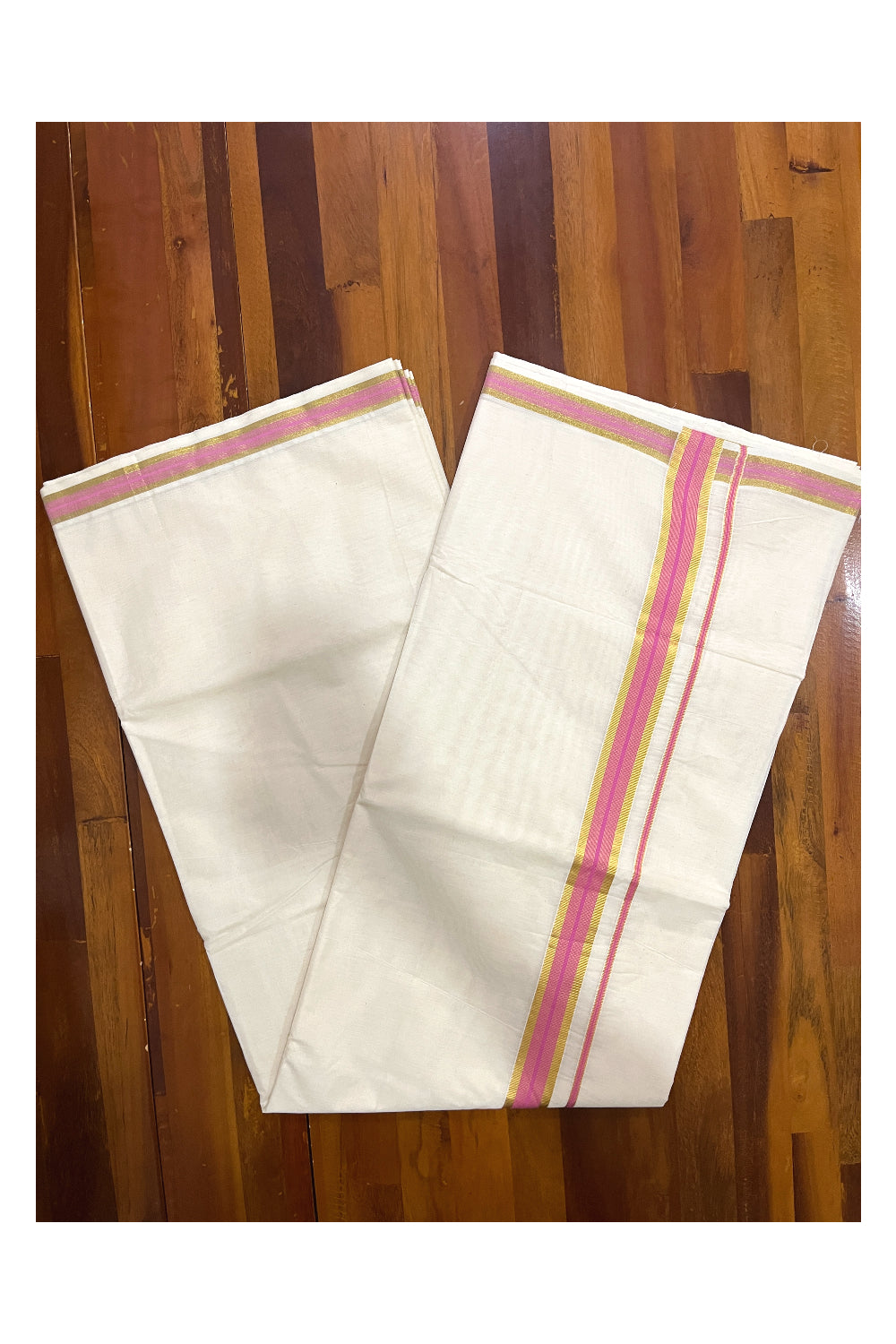 Kerala Pure Cotton Plain Saree with Kasavu and Pink Border