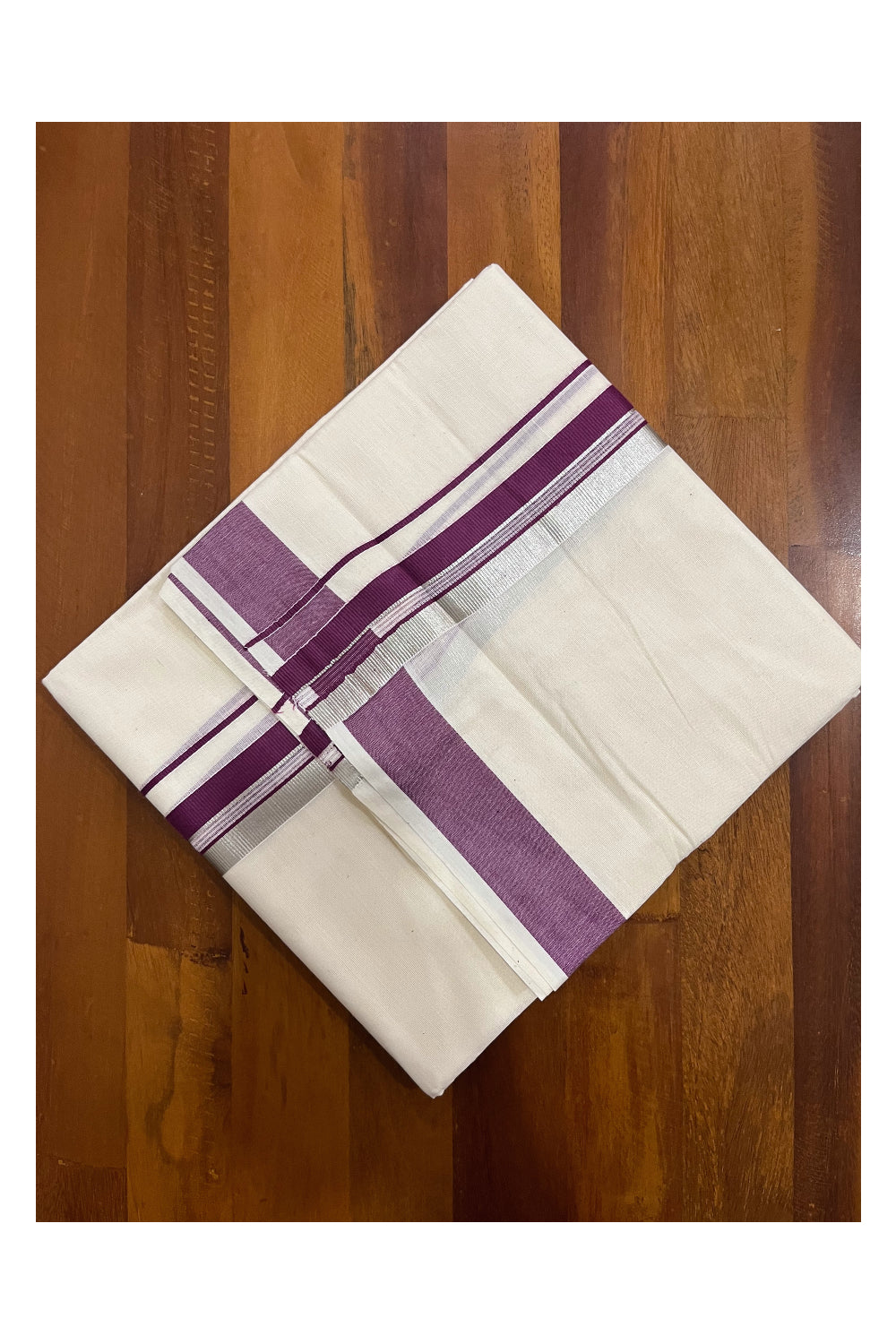 Pure Cotton Kerala Double Mundu with Purple and Silver Kasavu Kara (South Indian Kerala Dhoti)