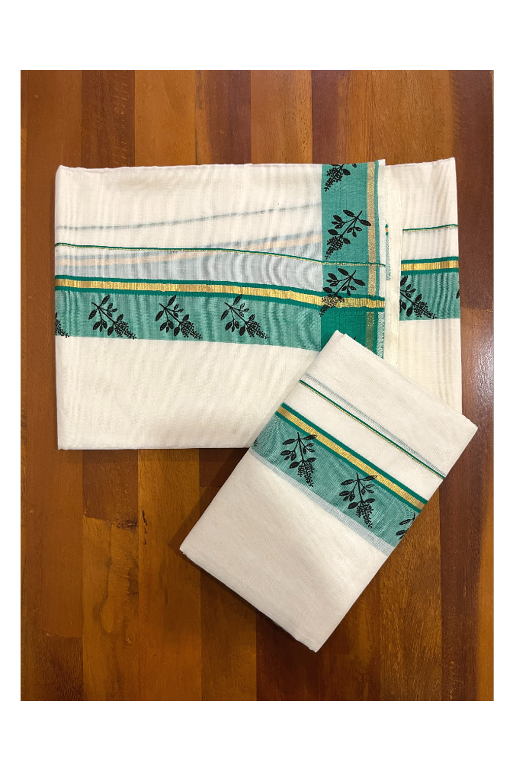 Kerala Cotton Kasavu Set Mundu (Mundum Neriyathum) with Thulasi Kathir Block Prints Green Border