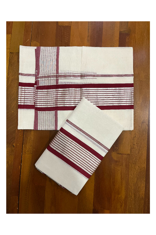 Pure Cotton Handloom Premium Kasavu Set Mundu (Mundum Neriyathum) with Silver Kasavu and Maroon Border
