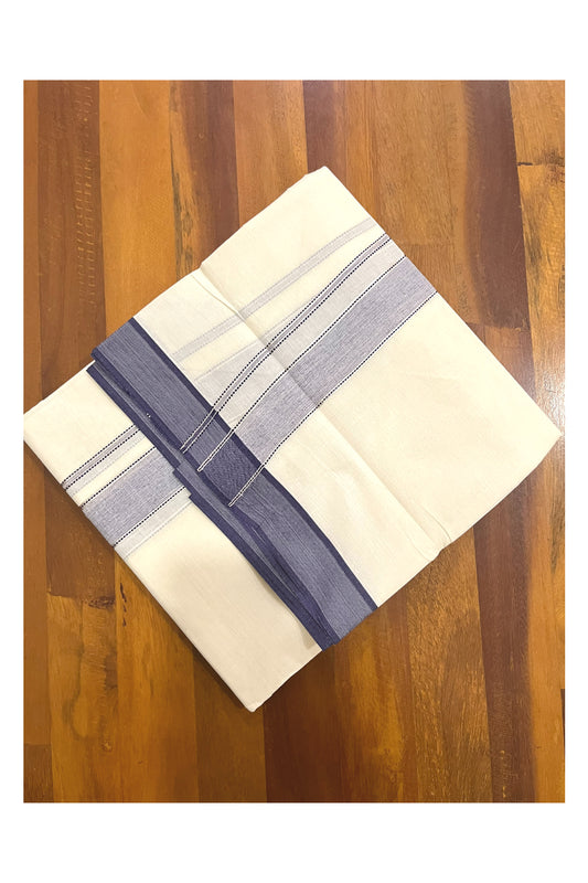 Pure Cotton 100x100 Double Mundu with Silver Kasavu and Blue Kara (Onam Mundu 2023)