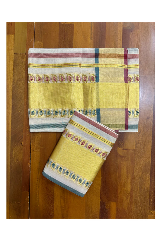 Southloom Handloom Premium Tissue Kasavu Set Mundu Leafe Woven Patterns With Green And Maroon Lines Across Body (Mundum Neriyathum) 2.70 Mtrs