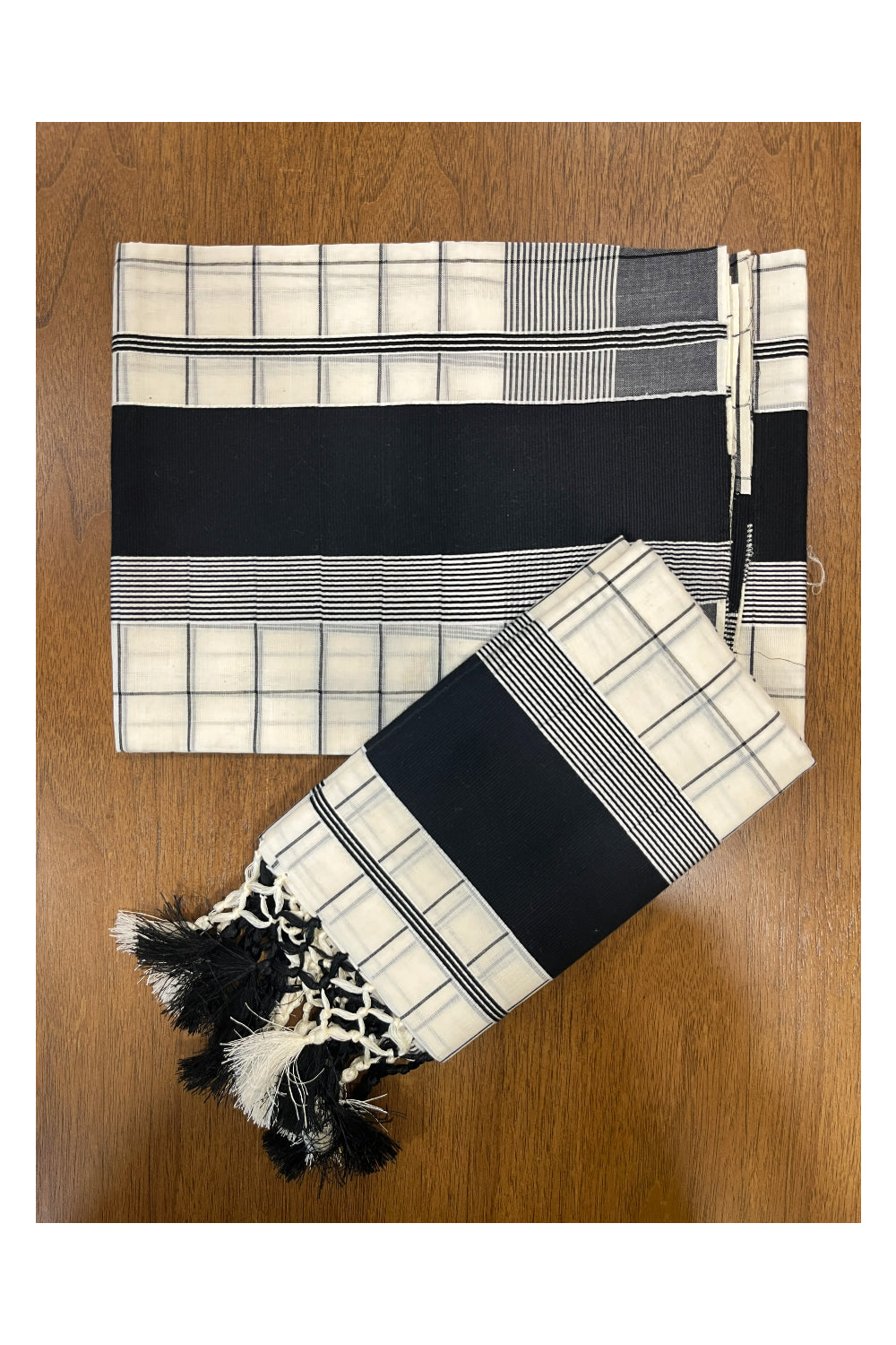 Pure Cotton Kerala Single Set Mundu (Mundum Neriyathum) with Black Check Designs on Body 2.80 Mtrs