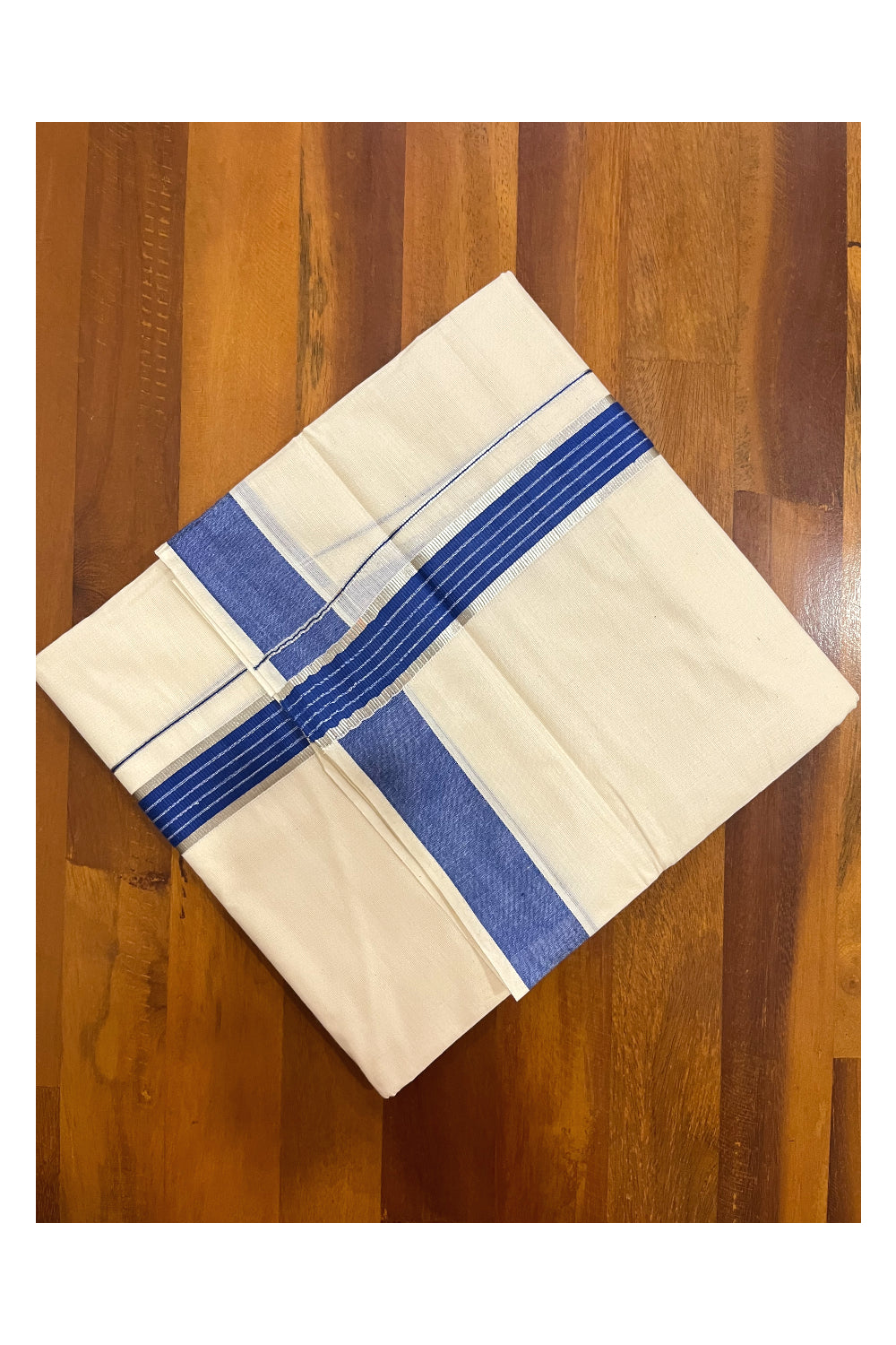 Kerala Cotton Double Mundu with Blue and Silver Kasavu Line Border (Onam Mundu 2023)