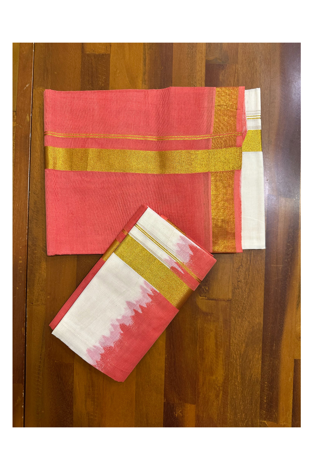 Southloom Tie & Dye - Half & Half  Multi Colour Brick Red Design Set Mundu (Mundum Neriyathum) in 2.80 m Neriyathu (Extra Length)