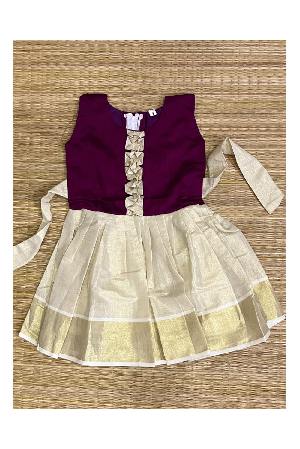 Southloom Kerala Tissue Frock with Dark Magenta Bead Work Designs for Kids (2 Year)