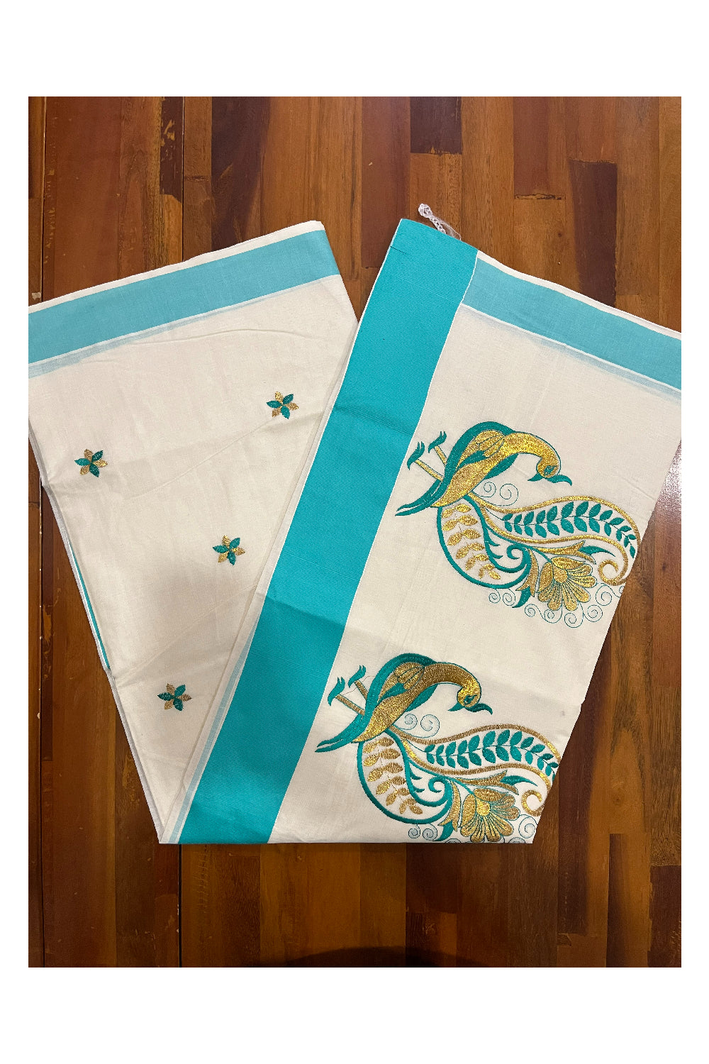 Pure Cotton Kerala Saree with Peacock Embroidery Work and Turquoise Border (Onam Saree 2023)