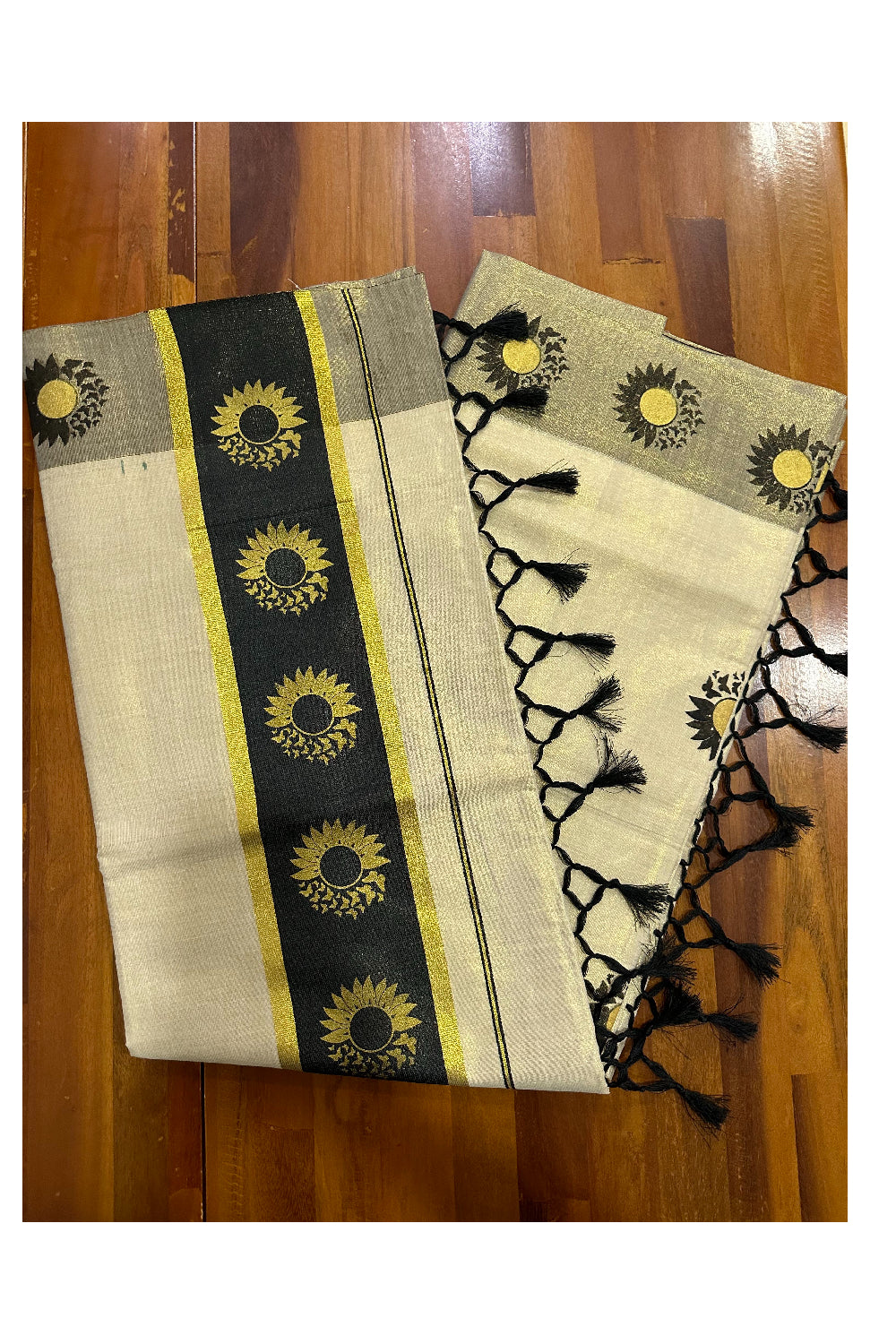 Kerala Tissue Kasavu Saree with Black and Golden Block Prints on Border (Onam Saree 2023)