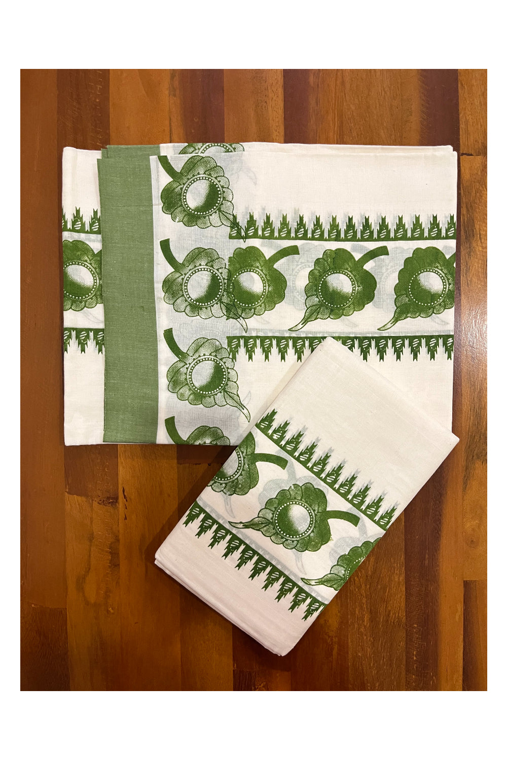 Kerala Cotton Mundum Neriyathum Single (Set Mundu) with Olive Green Leaf Block Prints in Border 2.80 Mtrs