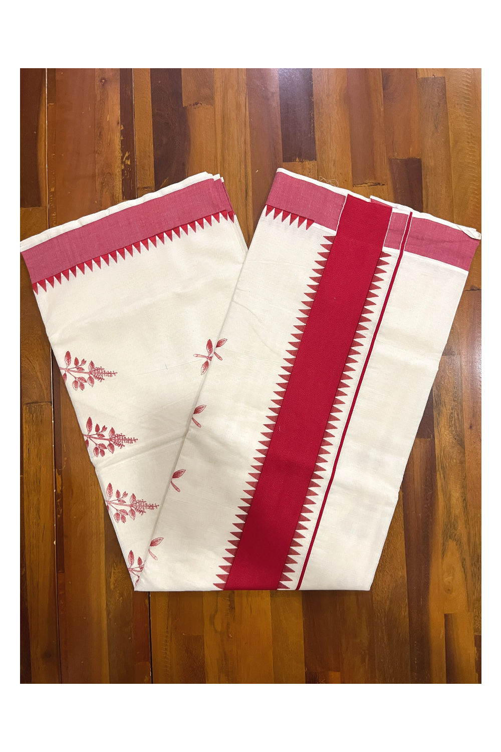 Kerala Pure Cotton Saree with Red Temple Border and Thulasi Kathir Block Prints on Body