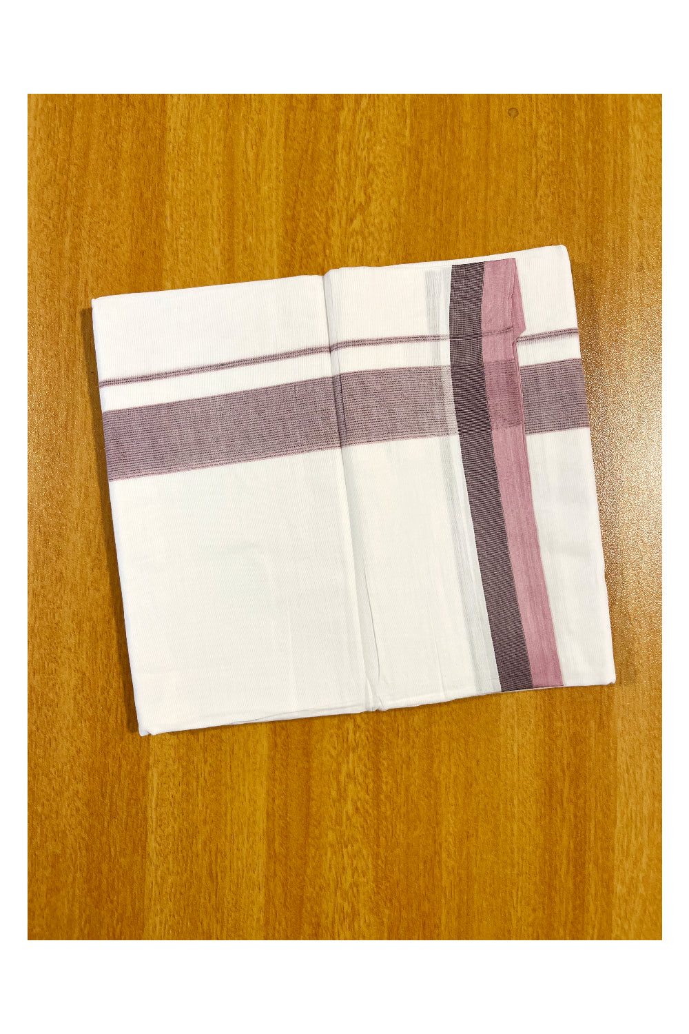 Pure White Cotton Double Mundu with Pink And Brown Border (South Indian Dhoti)