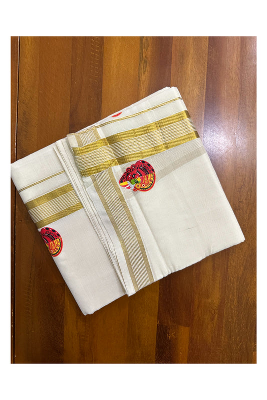 Southloom Lines Kasavu Double Mundu with Mural Print Along Kara