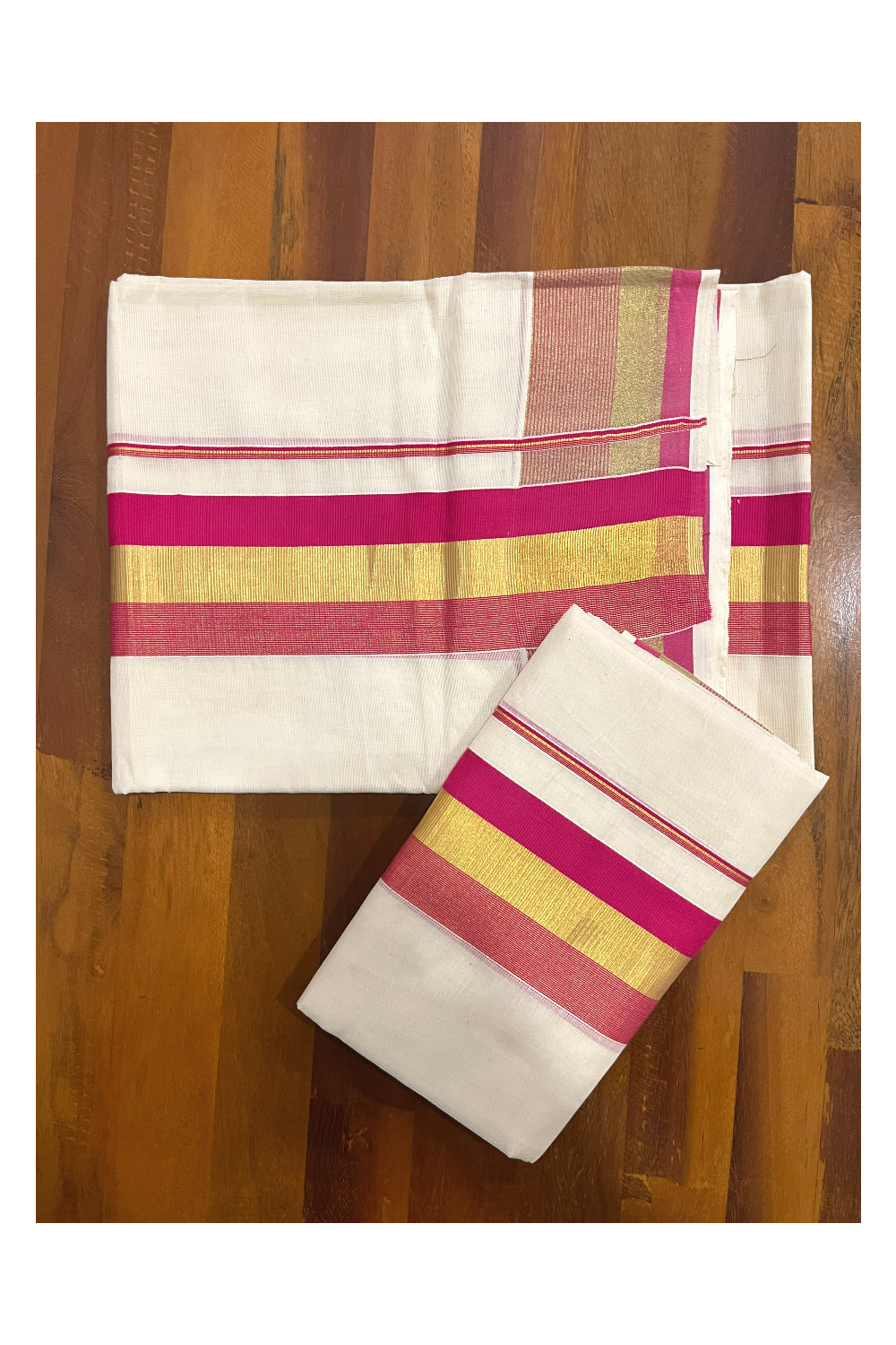 Pure Cotton Kerala Onam 2023 Set Mundu (Mundum Neriyathum) Single with Bright Magenta and Kasavu Border 2.80 Mtrs