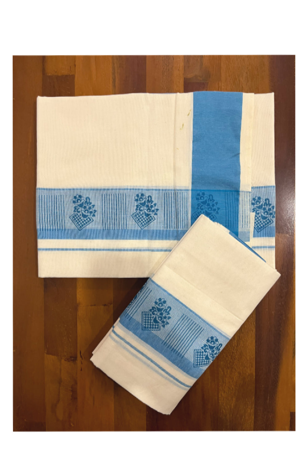 Southloom Pure Cotton Kerala Single Set Mundu with Light Blue Block Prints on Border