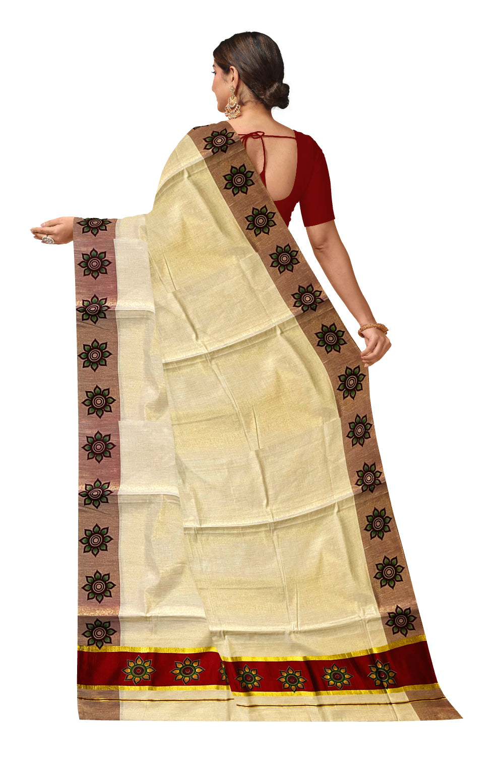 Kerala Tissue Kasavu Saree with Floral Block Prints in Maroon Border