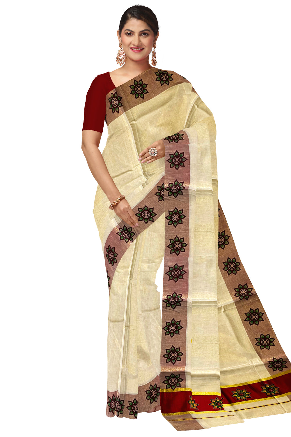 Kerala Tissue Kasavu Saree with Floral Block Prints in Maroon Border