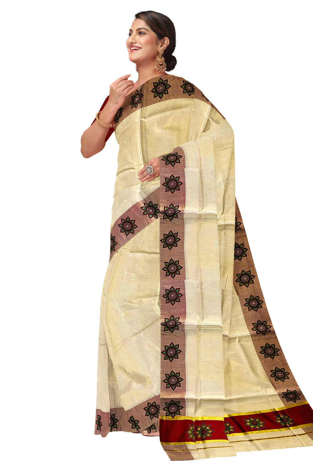 Kerala Tissue Kasavu Saree with Floral Block Prints in Maroon Border