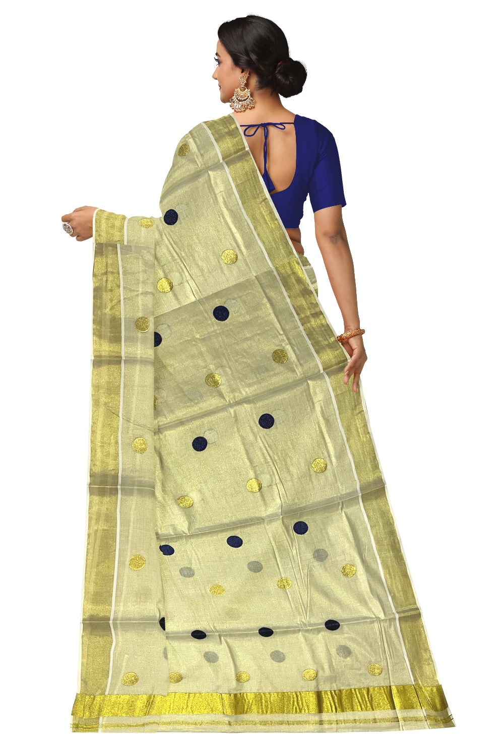 Kerala Tissue Kasavu Saree with Navy Blue Polka Woven Designs