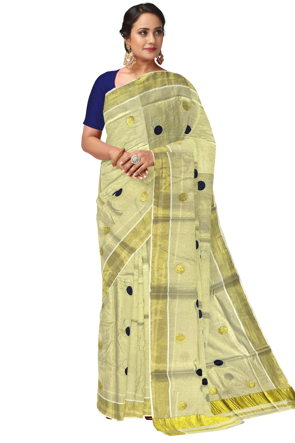 Kerala Tissue Kasavu Saree with Navy Blue Polka Woven Designs