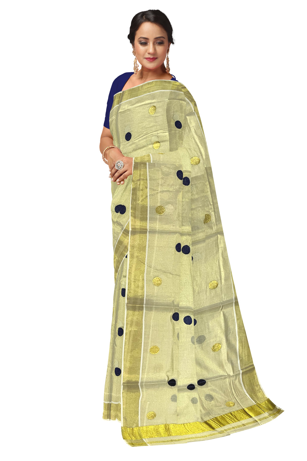 Kerala Tissue Kasavu Saree with Navy Blue Polka Woven Designs