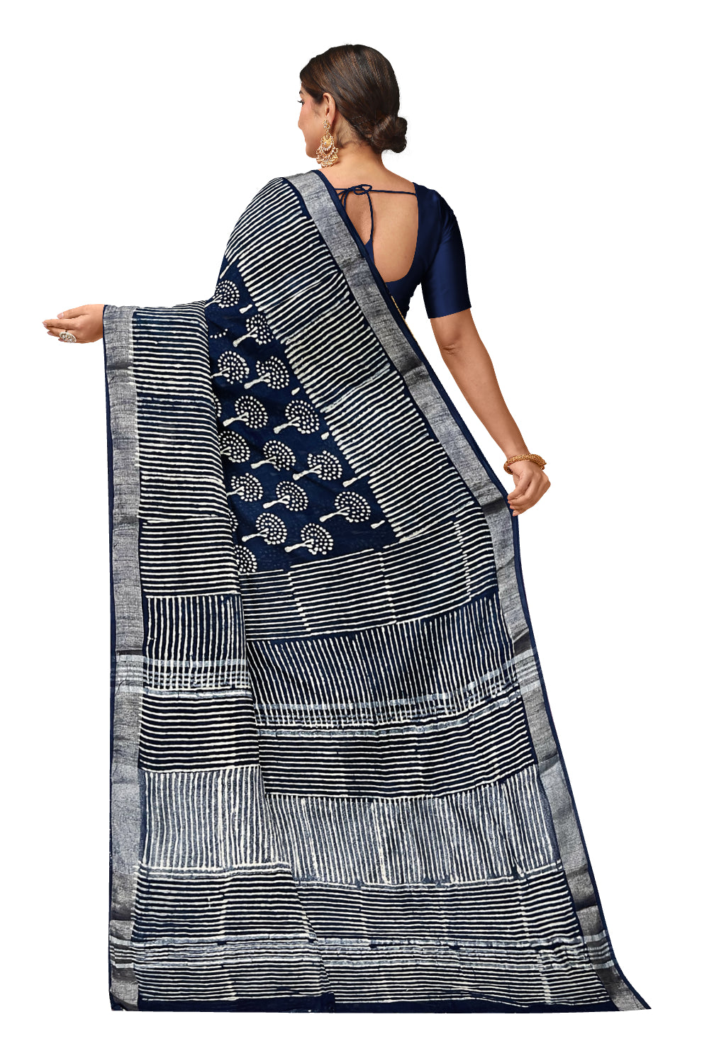 Southloom Linen Dark Blue Designer Saree with Floral Prints (include Separate Blouse Piece)
