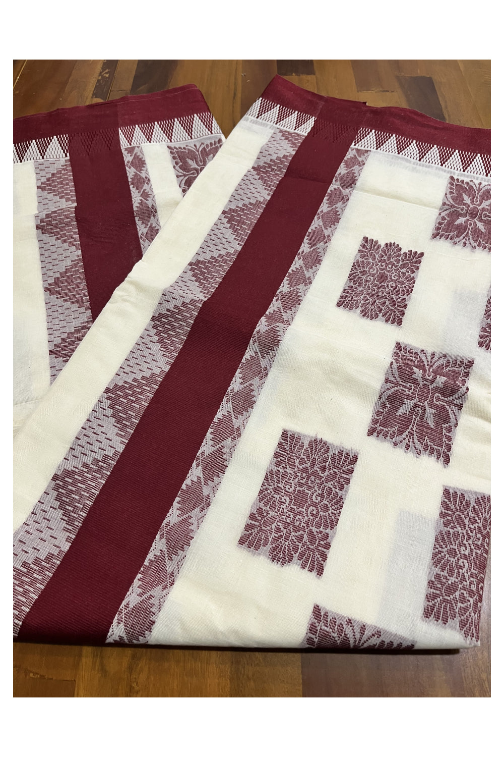 Pure Cotton Kerala Saree with Maroon Heavy Woven Designs and Temple Border (Vishu 2024 Collection)