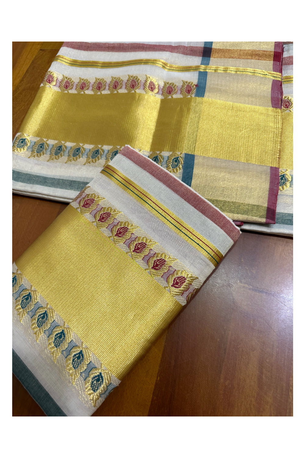 Southloom Handloom Premium Tissue Kasavu Set Mundu Leafe Woven Patterns With Green And Maroon Lines Across Body (Mundum Neriyathum) 2.70 Mtrs