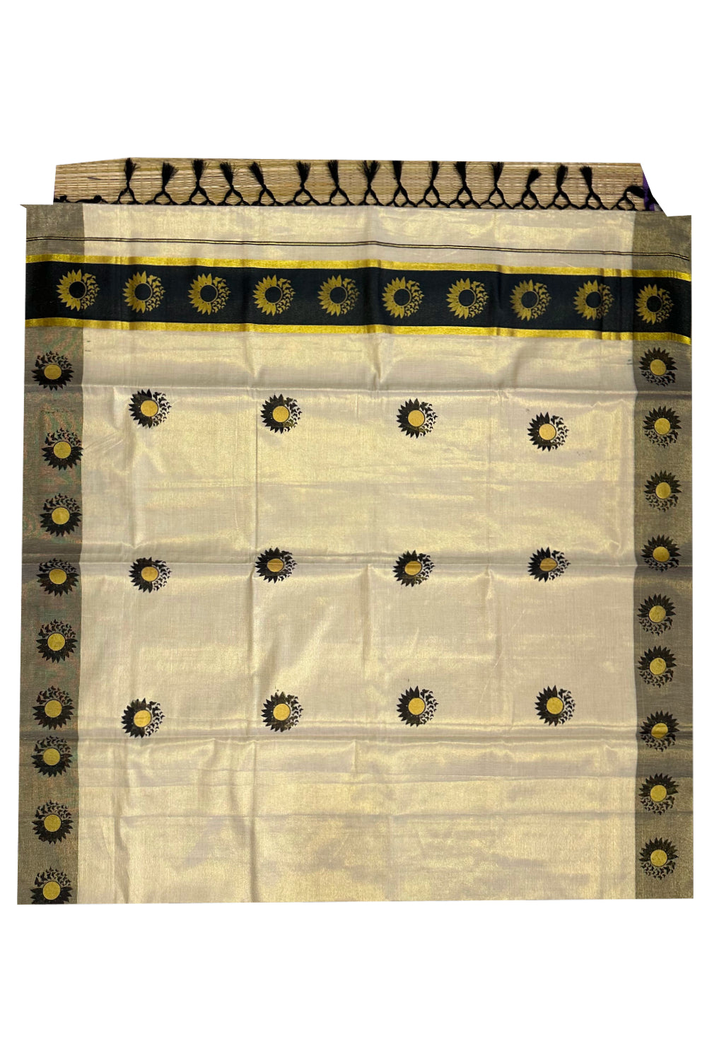 Kerala Tissue Kasavu Saree with Black and Golden Block Prints on Border (Onam Saree 2023)