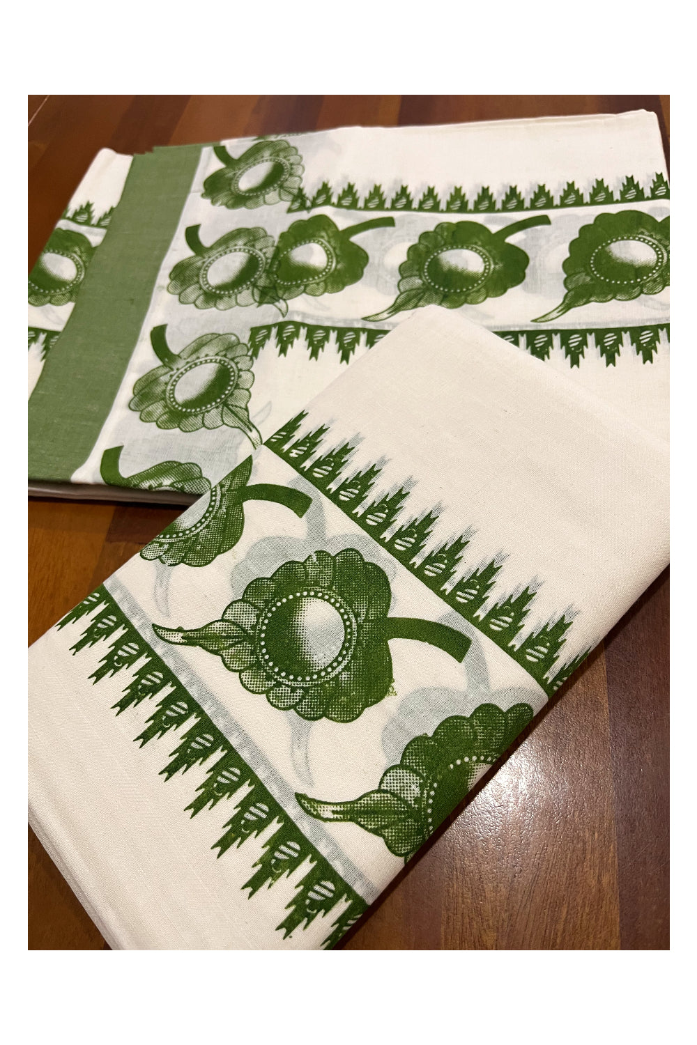 Kerala Cotton Mundum Neriyathum Single (Set Mundu) with Olive Green Leaf Block Prints in Border 2.80 Mtrs