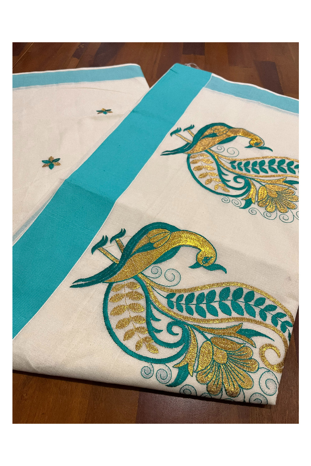 Pure Cotton Kerala Saree with Peacock Embroidery Work and Turquoise Border (Onam Saree 2023)