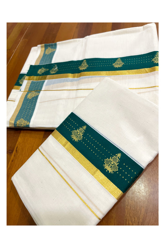 Kerala Pure Cotton Single Set Mundu (Mundum Neriyathum) with Block Prints on Green and Kasav Border