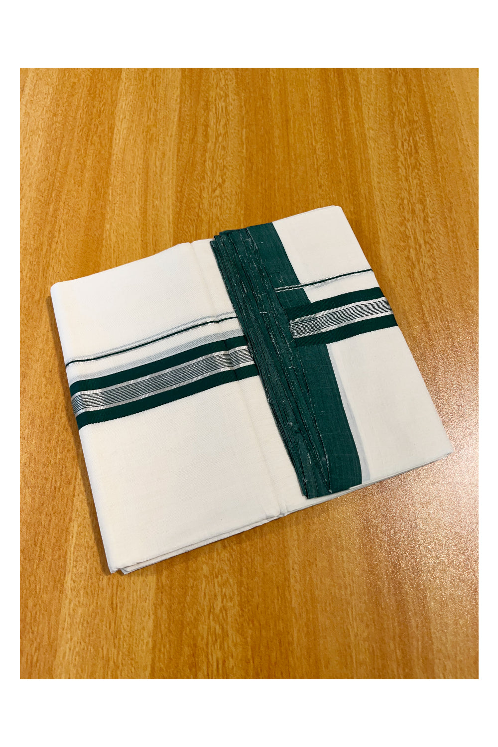 Southloom Premium Handloom Cotton Double Mundu with Green And Silver kasavu Lines Border