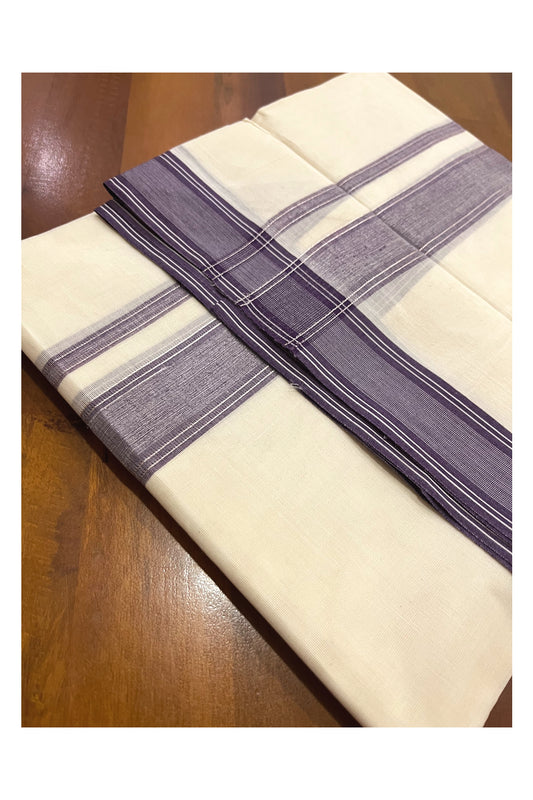 Pure Cotton 100x100 Double Mundu with Purple and Silver Kasavu Line Border (Onam Mundu 2023)