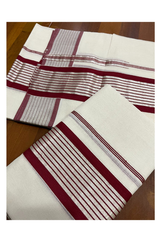 Pure Cotton Handloom Premium Kasavu Set Mundu (Mundum Neriyathum) with Silver Kasavu and Maroon Border
