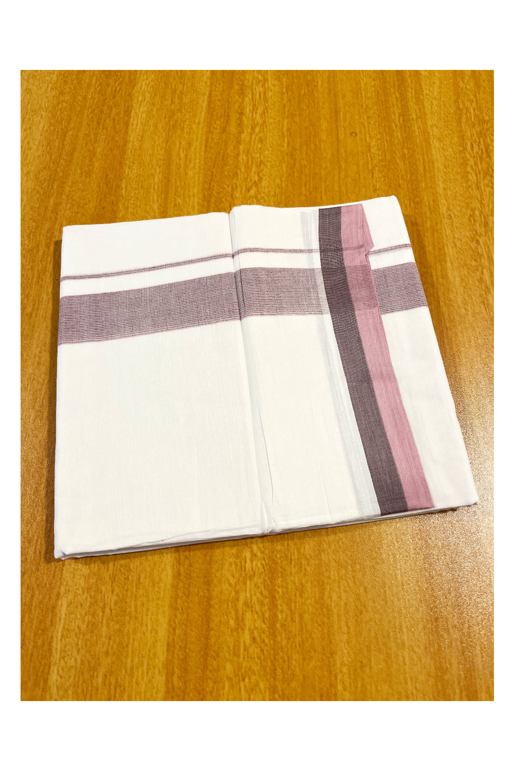 Pure White Cotton Double Mundu with Pink And Brown Border (South Indian Dhoti)