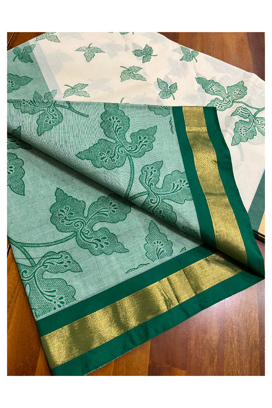 Pure Cotton Kerala Saree with Green Heavy Woven Leaf Designs and Kasavu Border (Vishu 2024 Collection)