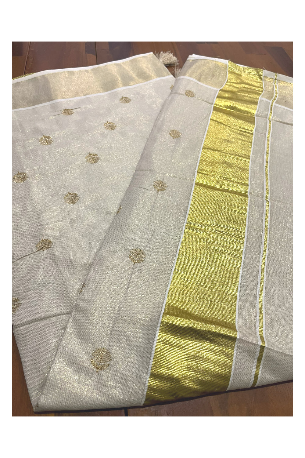 Kerala Tissue Kasavu Saree with Golden Butta Works Across Body (Onam Saree 2023)