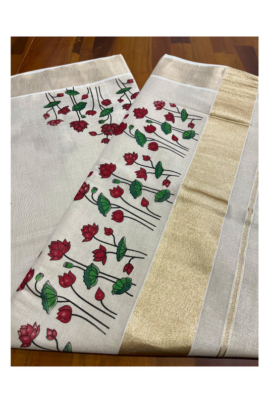 Southloom Antique Gold Tissue Saree with Subtle Red Lotus Prints