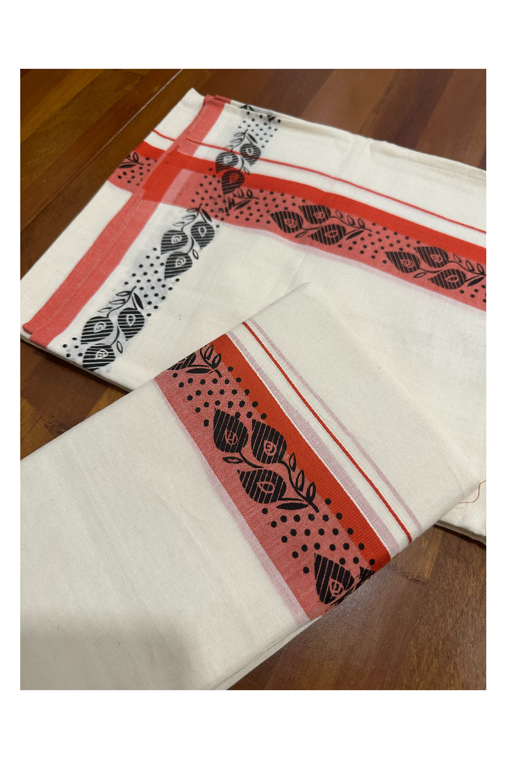 Kerala Cotton Set Mundu (Mundum Neriyathum) with Block Prints on Dark Orange Border (Onam Set Mundu 2023)